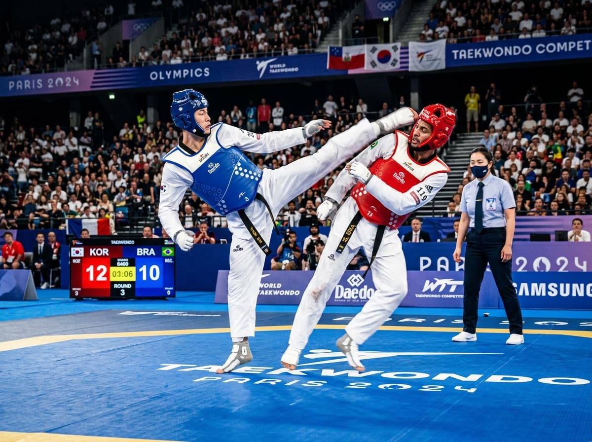 Taekwondo athletes practicing Olympic sparring